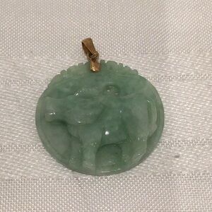 Hand carved natural jadeite jade Chinese zodiac pendant gold accent